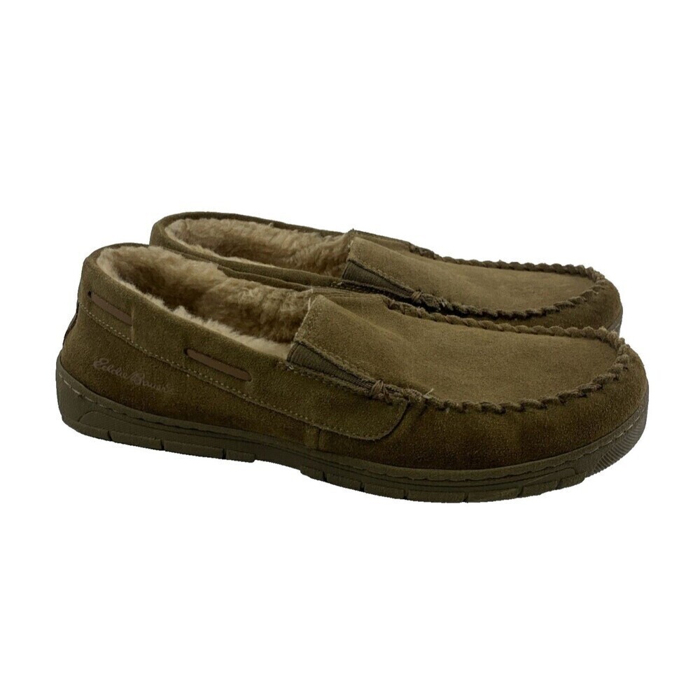 Eddie Bauer West Haven Moccasin Slipper Faux Fur Lined Brown Suede SlipOn Men 13